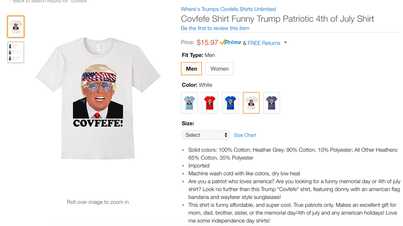 Illustration for article titled Be the Saddest Guy in the Office With Amazon's Embarrassing 'Covfefe' Swag